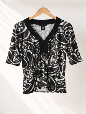 August Silk Black and White Swirl Blouse SILK